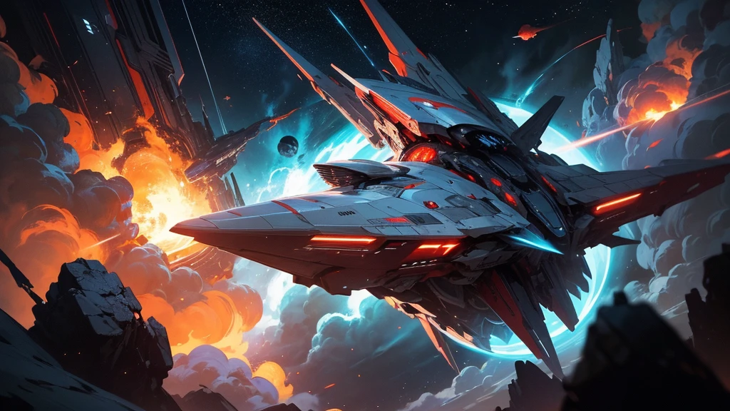 A cool-looking spaceship floating in the universe，The five-star red flag is printed on it，Strange shape，The appearance is ferocious，Good lighting atmosphere，Rich in details，The engine spews light blue flames