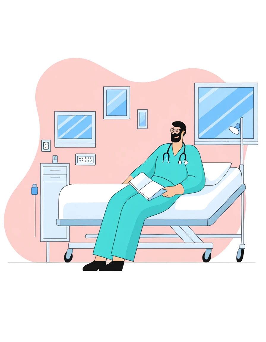 in a Hospital bed, medical doctor, Flat illustration, Hospital background, in Hospital bed, doctor, Hospital room, medical background, Nursing, health care worker, Medical imaging, digital Medical equipment, colorful Medical equipment, Medical equipment, medical illustration, health care, Clean medical environment, Medical drawing, Hospital, Hospital ward，Blue Background，Solid Color