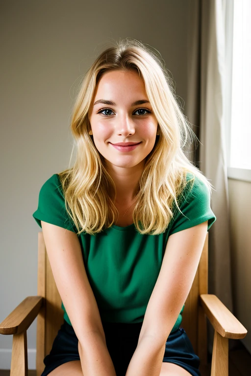 portrait jeune femme environ 28 ans, expression faciale joyeuse, cheveux bouclé blond et long, yeux noisette vert, peau texture chair de poule