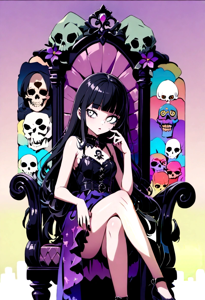 Black Hair、Black Feather、Gothic punk dress、Legs sticking out,Sit on a chair, Crossing your legs、Throne,anime zombie witch design, Crossbones, skull, Streetwear Design, Provector, Horror Style, Full Design, Only 6 colors, Solid Colors, No Shadow, Full Design, Stickers, Bright colors, White Background.Ultra-fine illustrations,(((Beautiful fine hair))),(((Beautiful Faces))),(((Beautiful background))),(((Beautiful fine hair))),(((Beautiful Faces))),(((Beautiful background)))、Black Hair、Blunt bangs,Undershot((Right hand white eye,Left eye purple)),Otto Eyes
