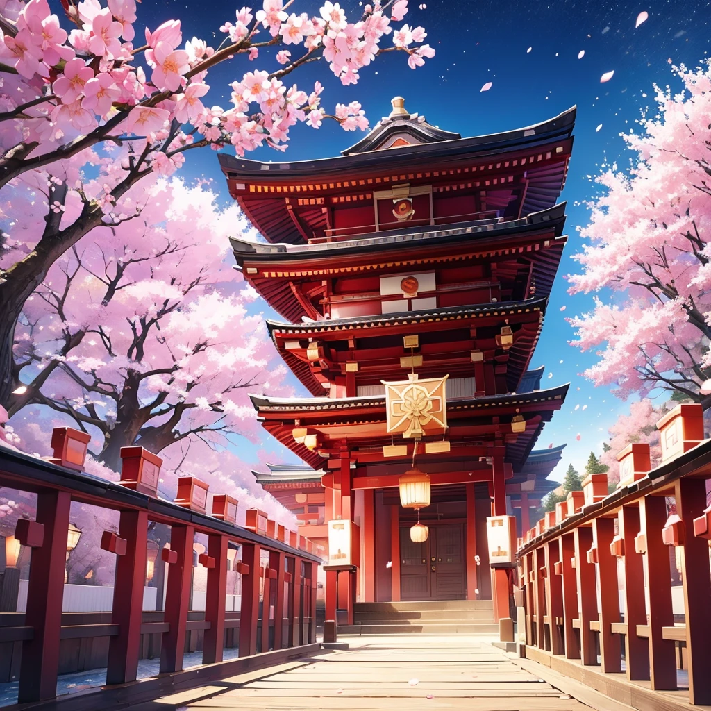 lanterns being released in the sky, cherry blossom trees, shrines