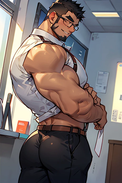 4k, masterpiece, high resolution:1.2, 1 man, solo, bara, muscular, big physique, crew cut hair, facial hair, chest, wide shoulder, biceps, thighs, triceps, butt, black hair, cute smile, friendly, standing in an office, wearing formal trousers, wearing formal stripes pattern office shirt, wearing glasses, upstairs office in the background, ultra detailed, shredded muscle, flat style (((wearing harness))) (((view from the side, thick huge ass)))