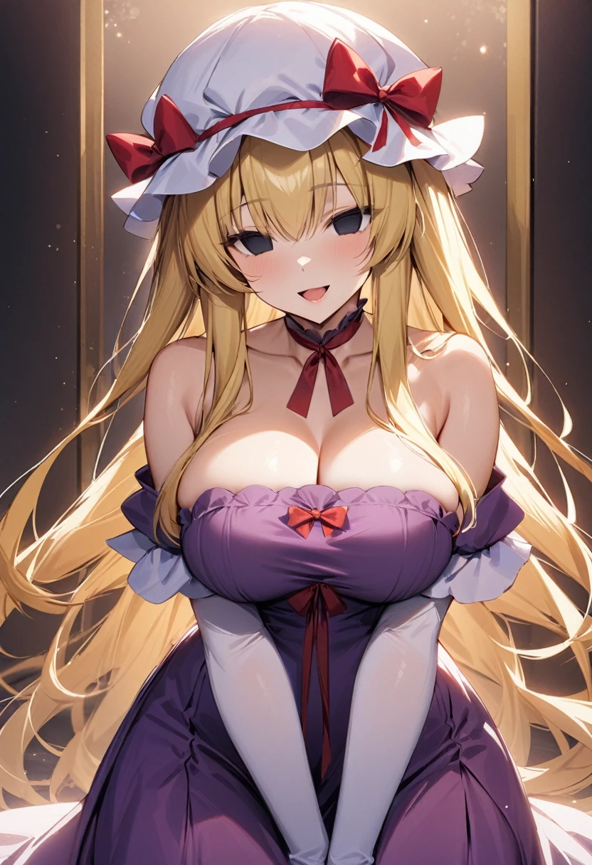 masterpiece, best quality, artist:puuna 1girl, solo, yakumo yukari, adult, white mob cap, blonde hair, (solid eyes), black eyes, ribbon, red bow, purple dress, bare shoulders, white elbow gloves, v arms, large breasts, looking at viewer, smile, open mouth, empty look