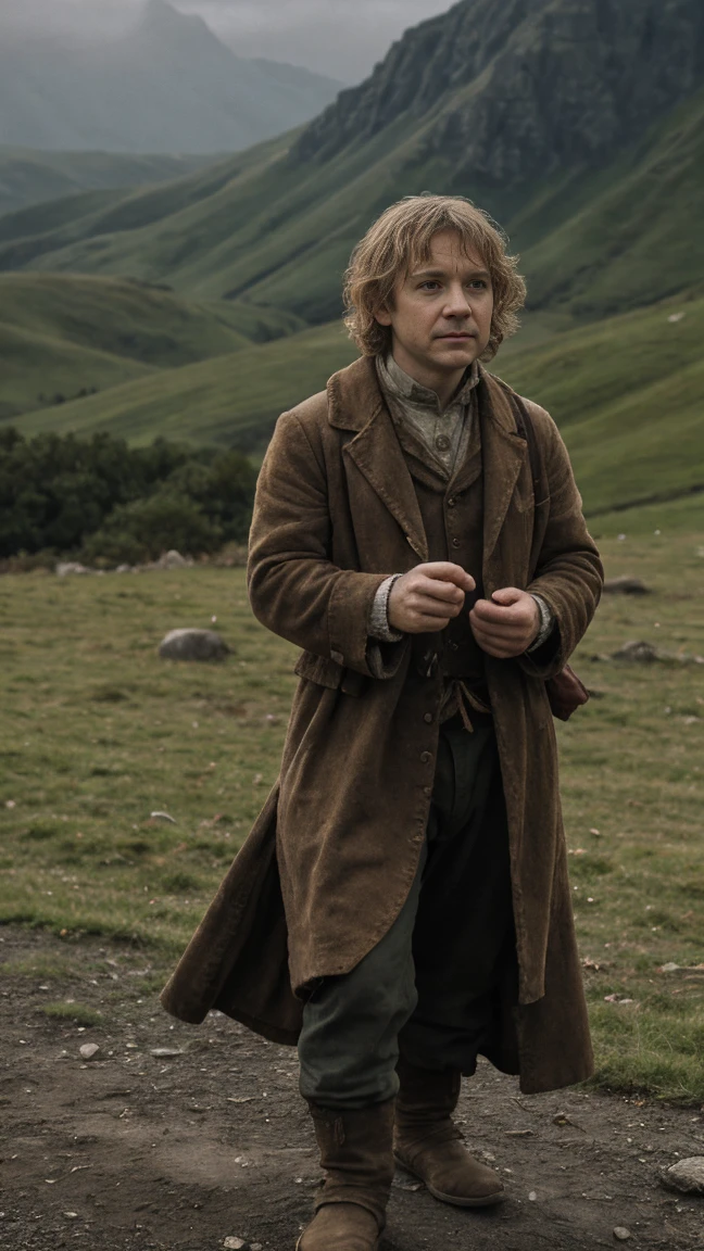 Martin Freeman as Bilbo Baggins or the Hobbit There and Back Again, barefoot, cinematic, against the backdrop of Mount Erebor Fantasy
