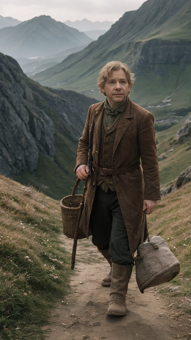 Martin Freeman as Bilbo Baggins or the Hobbit There and Back Again, barefoot, cinematic, against the backdrop of Mount Erebor Fantasy