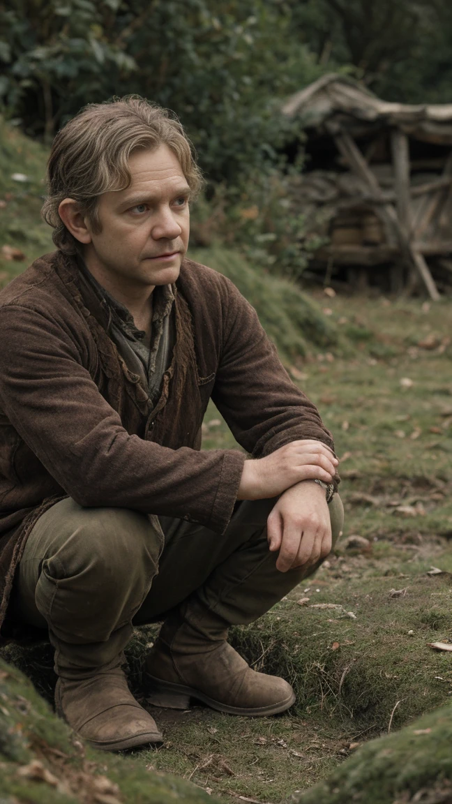 Martin Freeman as Bilbo Baggins or the Hobbit There and Back Again, barefoot, cinematic, against the backdrop of Mount Erebor Fantasy