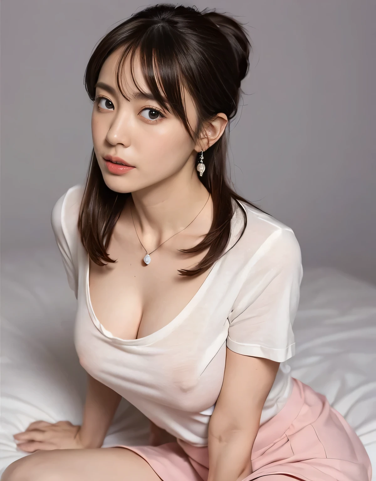 ((Wide-angle photography, Sex Photo, Clear photos, Take a full body photo:1.5)),
(Formal clothes for work, Crew neck short sleeve T-shirt, Long skirt:1.8),
(No bra, The shape of the nipples is visible,rich,Beautiful thighs,Ultra-detailed skin,Small pores in the skin:1.4),
((Her body is incredibly beautiful and stylish, She has an angry look:1.4)),
((Sitting deep in bed, She has her legs open and is touching the crack between her legs with her fingers, Her nipples are visible through the gap at the top of her clothes, Being forced to wear sexy clothes:1.5)),
((32 years old, Beautiful sister in law, Naughty lips, Sexy body, Body facing forward:1.4)),
((Small breasts, Flat Chest, chest is slightly drooping:1.2)),
((Large bedroom, Spotlight:1.4)),
Eye focus, Narrow shoulders, Beautiful clavicle, Thin arms, Thin legs, The back of the hand is beautiful and feminine, Slim figure, Soft belly, Tight waist, Highly detailed face, super detailed breasts, Ultra-detailed skin, Fair skin, Shiny skin, Ultra-detailed lips, Fuller lips, Thick and soft lips, Glossy pink lips, Blushing, White teeth, blue eyes, Beautiful actress makeup, Intense and cute makeup, Pink lipstick, Dark brown hair, Delicate and soft hair, (Put your hair up, Fluffy short bob, ponytail:1.2), (Sweep your bangs to the side:1.2), (Stylish earrings,necklace:1.2),