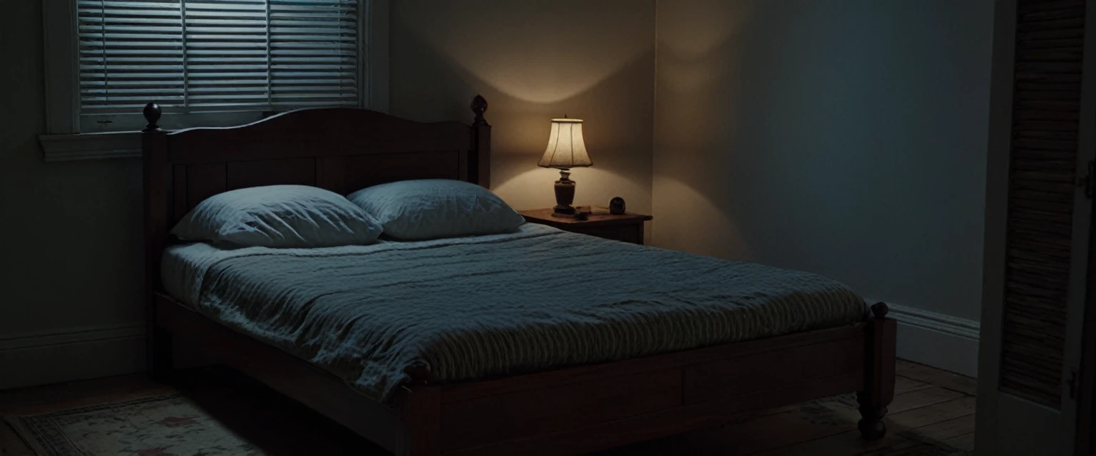 A zoomed-in view of a simple, colonial-style bed in a modest rental room at night. The room is dimly lit with a single old-fashioned lamp, casting eerie shadows. The wooden shutters are slightly ajar, letting in a sliver of moonlight, creating a spooky atmosphere. (no people, realistic, 8K)