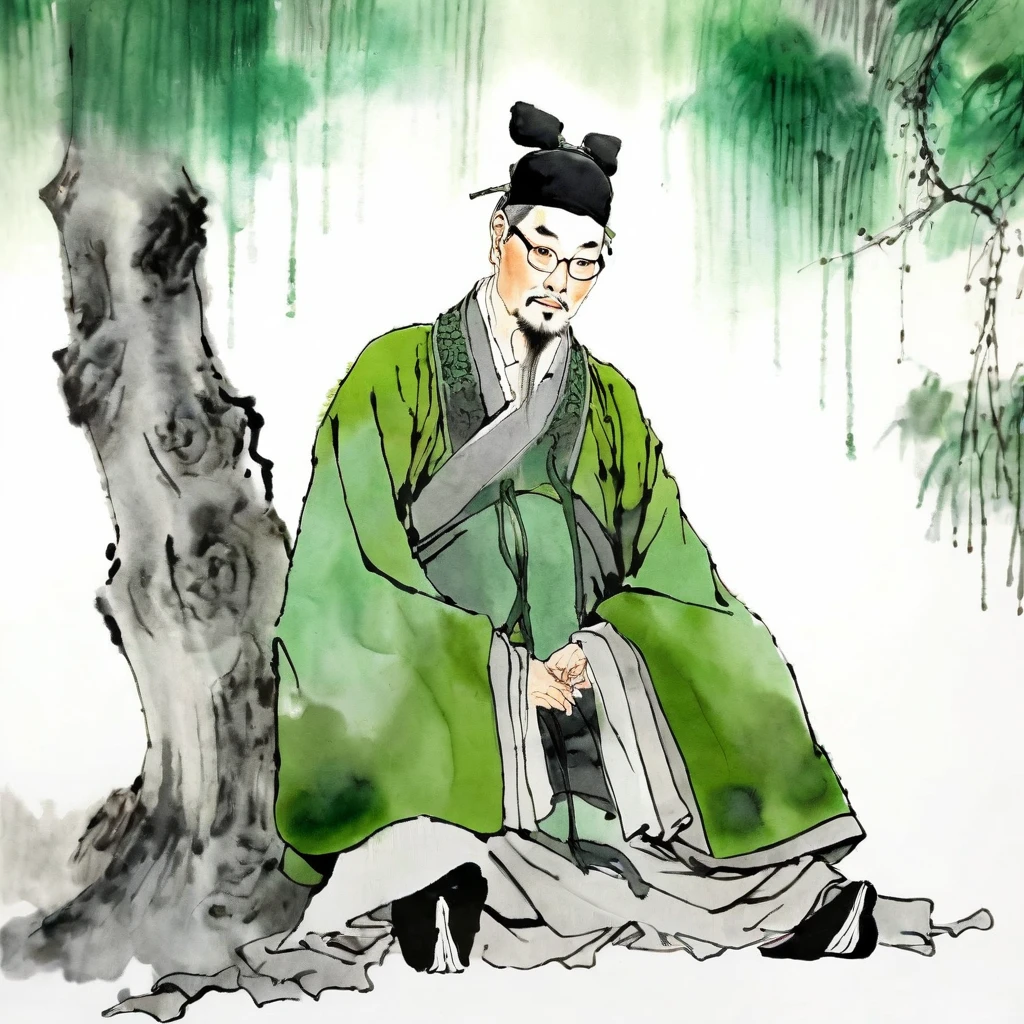 (best quality,ultra-detailed,realistic:1.37),masterpiece:1.2, sitting under a tree,Chinese scenery,ink splatters,ink texture,watercolor painting,green clothing,green attire,pale gray background,a man with stubble, slightly curly hair, and black square plastic-framed glasses