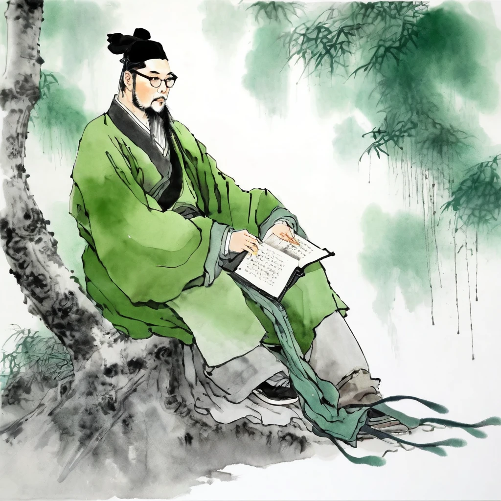 (best quality,ultra-detailed,realistic:1.37),masterpiece:1.2, sitting under a tree,Chinese scenery,ink splatters,ink texture,watercolor painting,green clothing,green attire,pale gray background,a man with stubble, slightly curly hair, and black square plastic-framed glasses