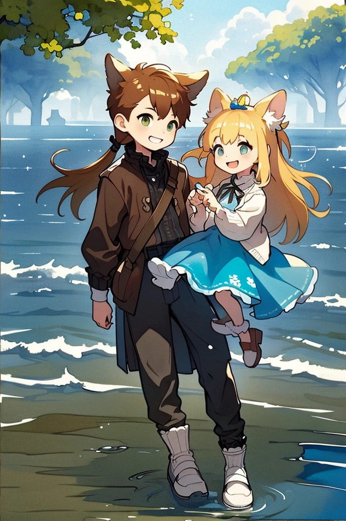 8k, Watercolour style, Watercolour pencil, Paper texture, MONAI$$STYLE$$, $$watercolour style$$, , $$masterpiece$$$, $$top quality 16k$$,  and girl laughing facing each other. Beautiful scenic background in the sea.