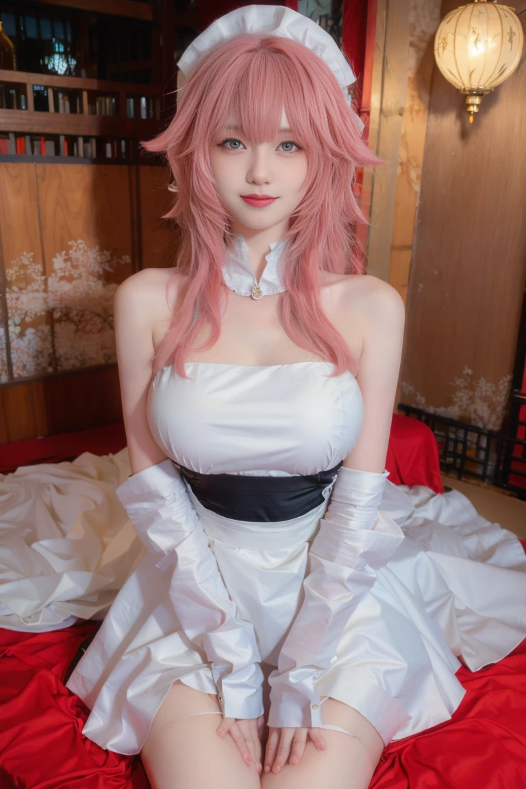 ((Best Quality, 8K, Masterpiece: 1.3)), 1girl, Slim Belly Beauty: 1.3, (Big Breasts: 1.2), Dress: 1.1, Super Delicate Face, Delicate Eyes, Double Eyelids, Smile, Home, long hair, pink hair, jewelry, Earring, Bangs, maid dress, standing, upper body,