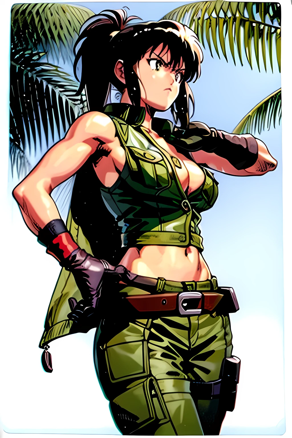 masterpiece, best quality, anime 1990s \(style\, leona heidern,  naked, fully open vest, pants ,jungle, pony tail, wet, serious, gloves, , sleeveless, metal slug , belt