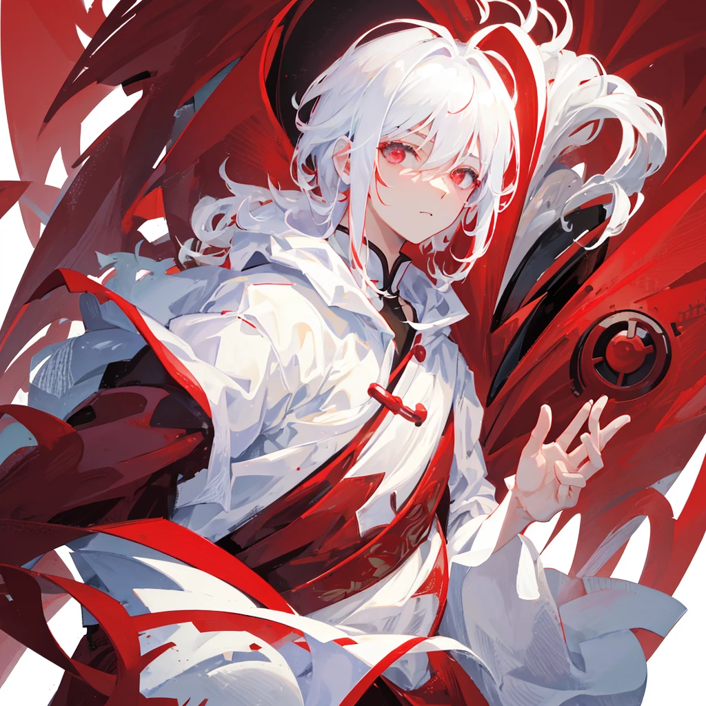 A Chinese male,White hair,((Pure red background))