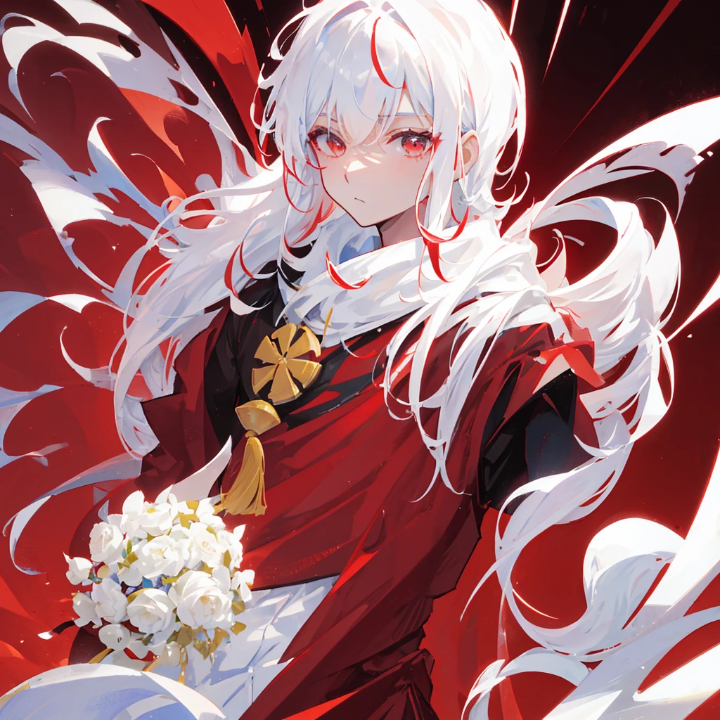 A Chinese male,White hair,((Pure red background))