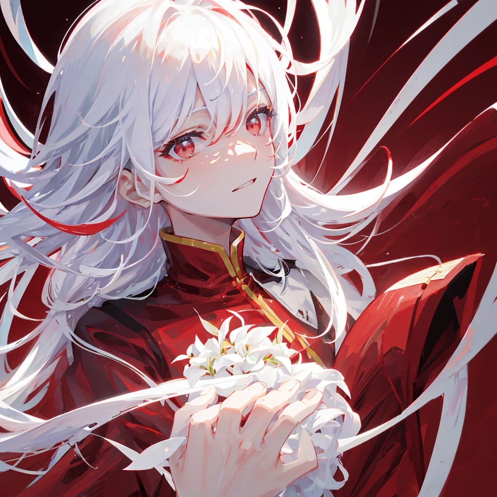 A Chinese male,White hair,((Pure red background))