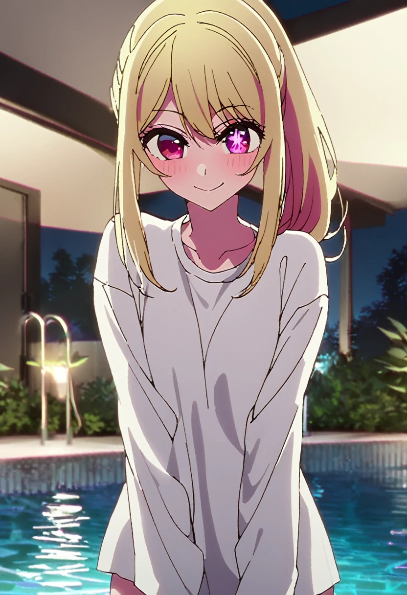 Blonde、Highest quality、high resolution、8K,Highest quality、Star-shaped pupil、The best smile、long hair、Pink Eyes、ponytail、Cowboy Shot、One person、Night Pool