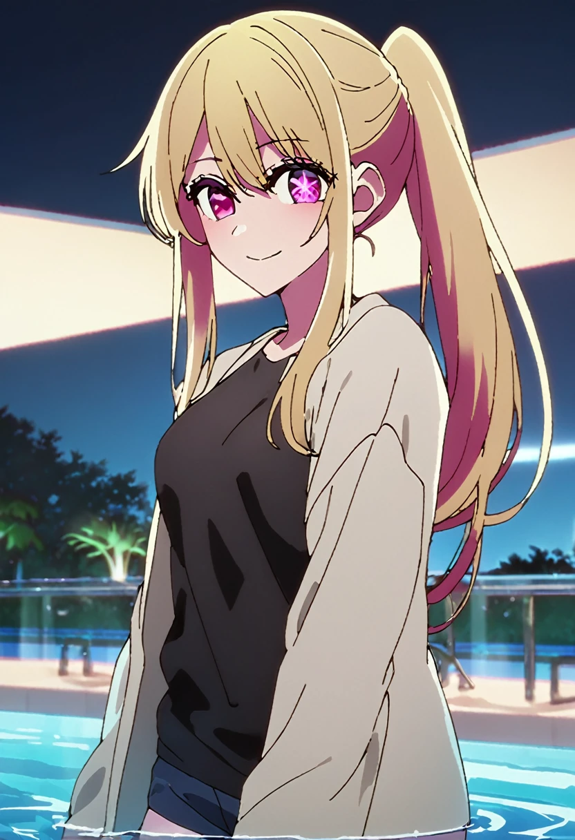 Blonde、Highest quality、high resolution、8K,Highest quality、Star-shaped pupil、The best smile、long hair、Pink Eyes、ponytail、Cowboy Shot、One person、Night Pool