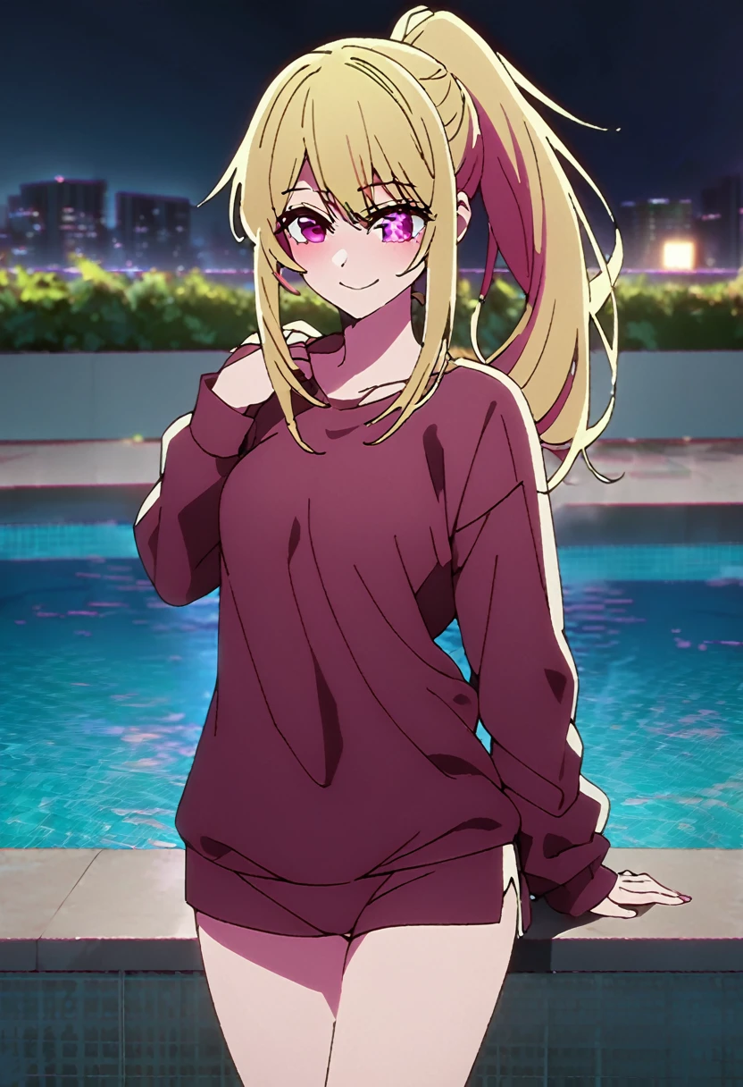 Blonde、Highest quality、high resolution、8K,Highest quality、Star-shaped pupil、The best smile、long hair、Pink Eyes、ponytail、Cowboy Shot、One person、Night Pool