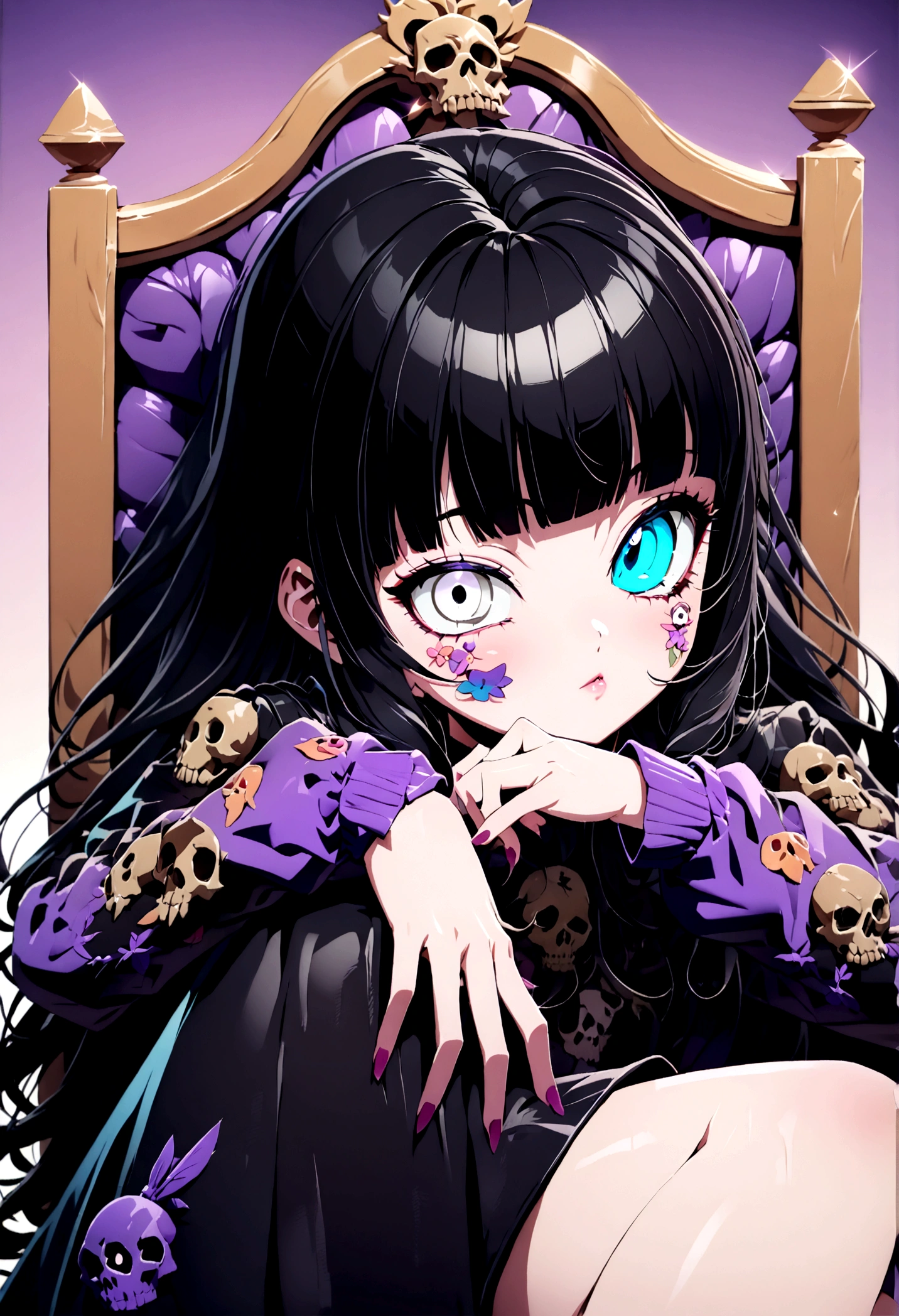 Black Hair、Black Feather、Gothic punk dress、Legs sticking out，Sit on a chair, Crossing your legs、Throne,anime zombie witch design, Crossbones, skull, Streetwear Design, Provector, Horror Style, Full Design, Only 6 colors, Solid Colors, No Shadow, Full Design, Stickers, Bright colors, White Background.Ultra-fine illustrations,(((Beautiful fine hair))),(((Beautiful Faces))),(((Beautiful background))),(((Beautiful fine hair))),(((Beautiful Faces))),(((Beautiful background)))、Black Hair、Blunt bangs，Undershot（（Right hand white eye，Left eye purple）），Otto Eyes