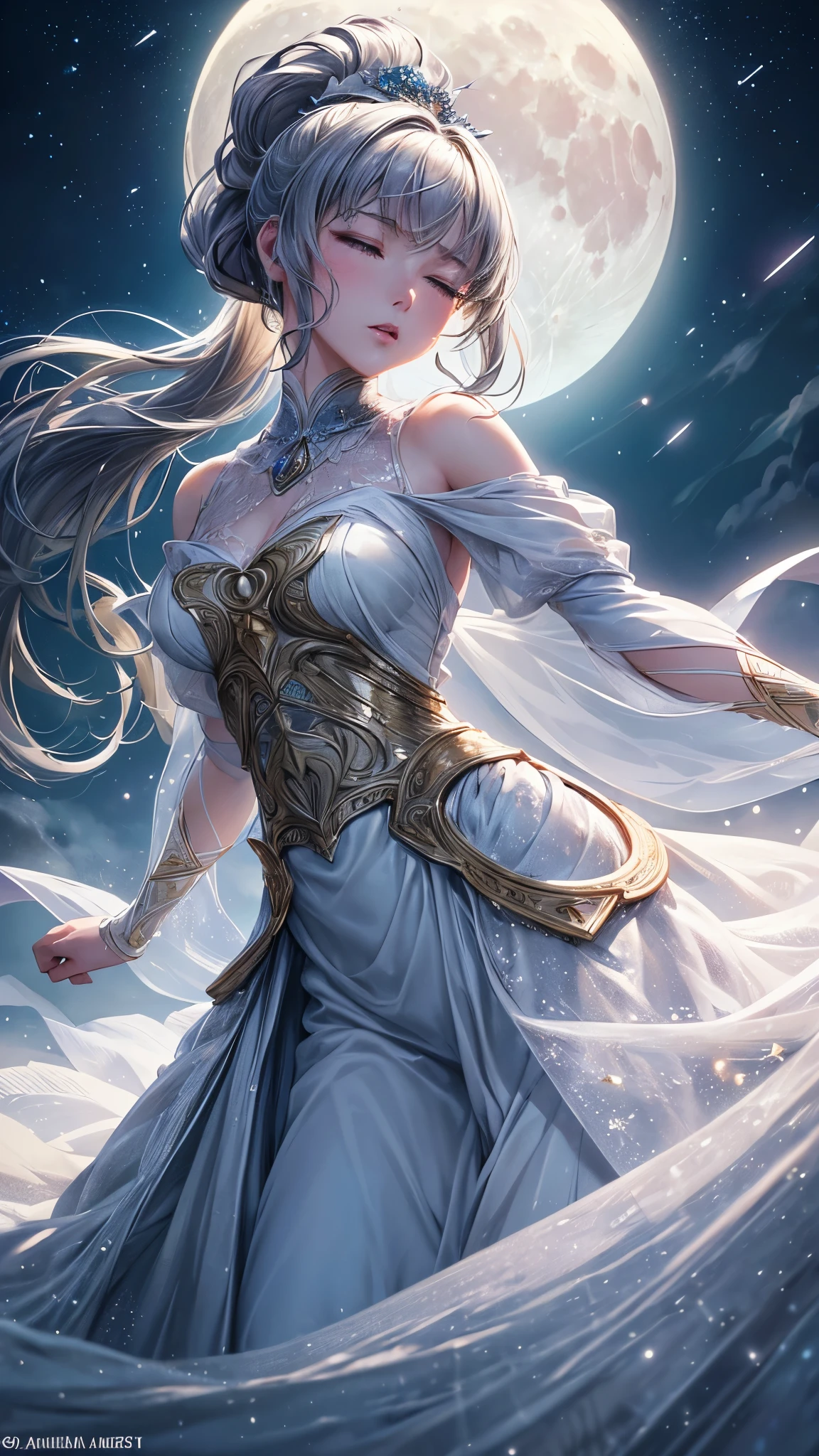 masterpiece, (Highest quality:1.2), (Super detailed:1.2), figure, (Very delicate and beautiful:1.2),Movie angle,floating, (Beautiful detailed closed eyes:1.1), (Detailed light:1.1),Cinema Lighting, Beautifully detailed skies, woman, Gray Hair, (High Ponytail:1.1), (moon:1.2), (moonlight:1.1), Starry Sky, (Lighting particles:1.1), fog, Snow Painting, sketch, bloom,Spread your arms,(10 fingers with beautiful detail:1.1)Mouth slightly open