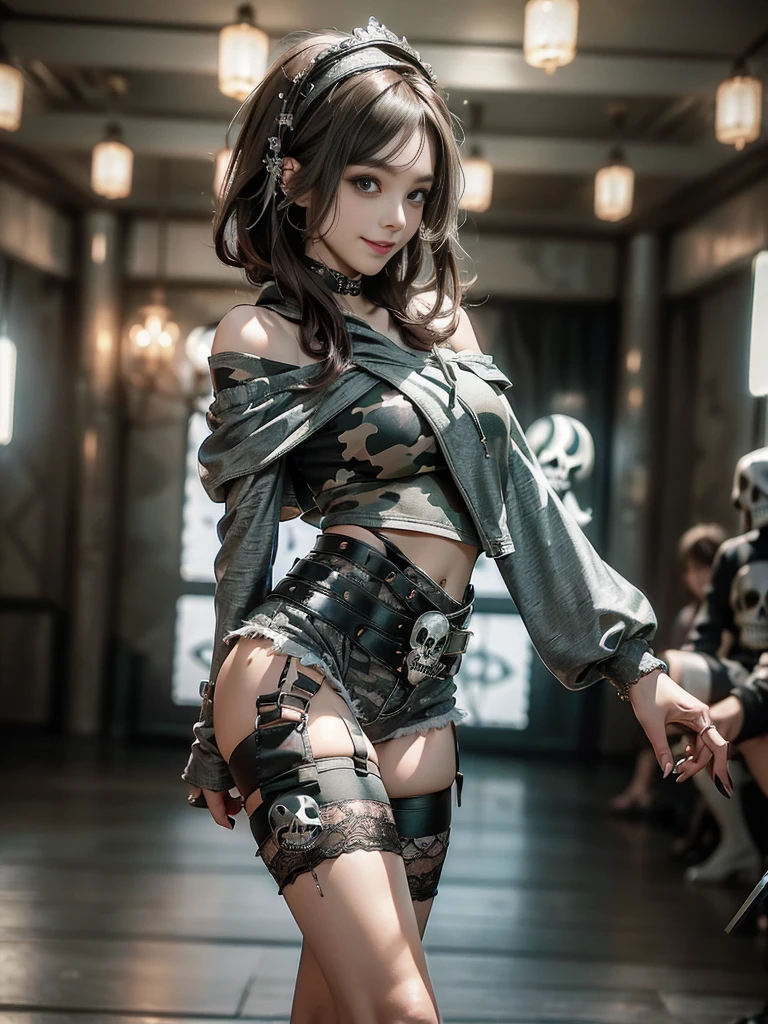 (Side view:1.1)、(Beautiful skin, lips and nose:1.4)、(Smiling with teeth showing:1.3),(Fashion Model:1.5)、(Gothic ta delicately decorated battle uniform:1.5)、(Moss green off-shoulder hoodie:1.5)、(Black, silver and white shorts:1.4)、(denim garter belt:1.5)、(Black and camouflage knee socks:1.3)、(Skull Silver Accessories:1.5)、(Lace collar:1.3)、(Brown Skin Belt:1.4)、(Brown boots:1.2)、(Underwear has polka dots:1.4)、23 years old、((Highest quality、In 8K、masterpiece:1.3))、Sharp focus:1.2、(Layered Cut、Huge boobs:1.1),Beautiful woman with perfect figure:1.4、(Dancing vigorously:1.3)、Slender Abs:1.2、Highly detailed face and skin texture、Detailed eyes、double eyelid,(Bob Hair:1.3)、(Brown Hair:1.3)、Gravure idol、(The background is a luxurious dance hall.:1.3)、(Slim body:1.2),(Make your legs thinner:1.4),(clavicle:1.1)