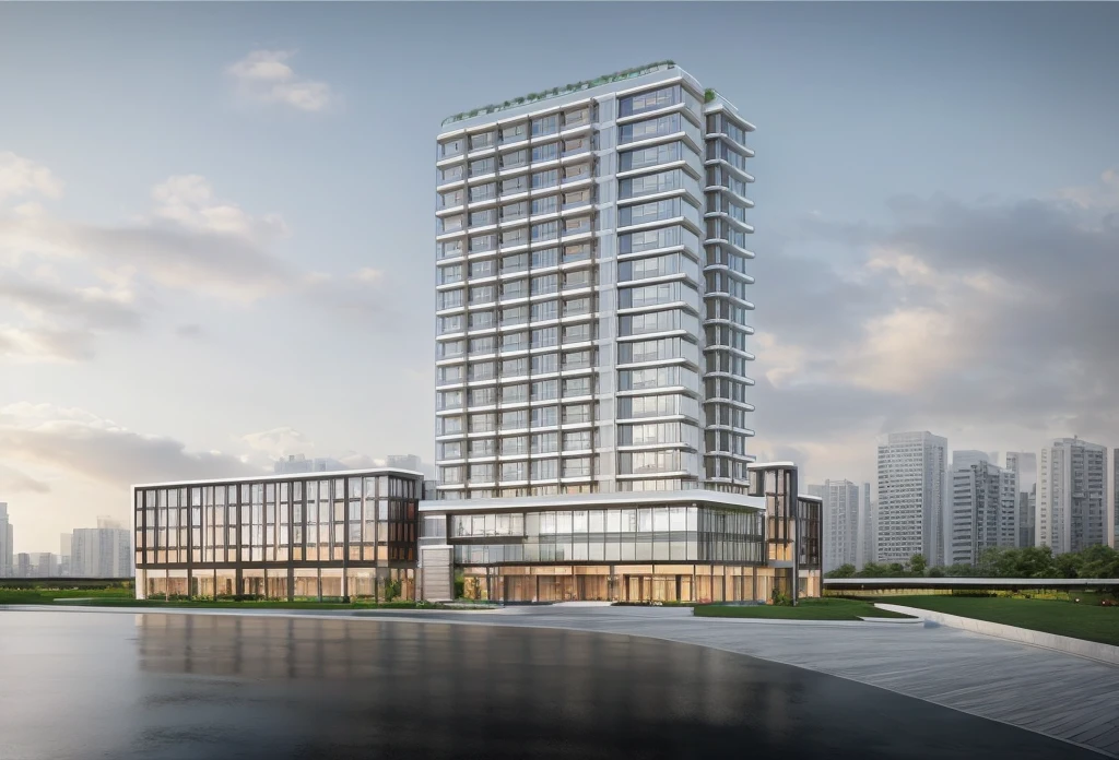 (masterpiece, best quality:1.2), rendering of a modern office building with a large sign on the top, (landscape), (city) , shophouse, modern lush condo as shopfront, Pond in front of the house, wide angle exterior 2022, photo from 2022, full building, architectural rendering, mantra rendering, precise architectural rendering, residential, full - view, realistic building, realistic architecture