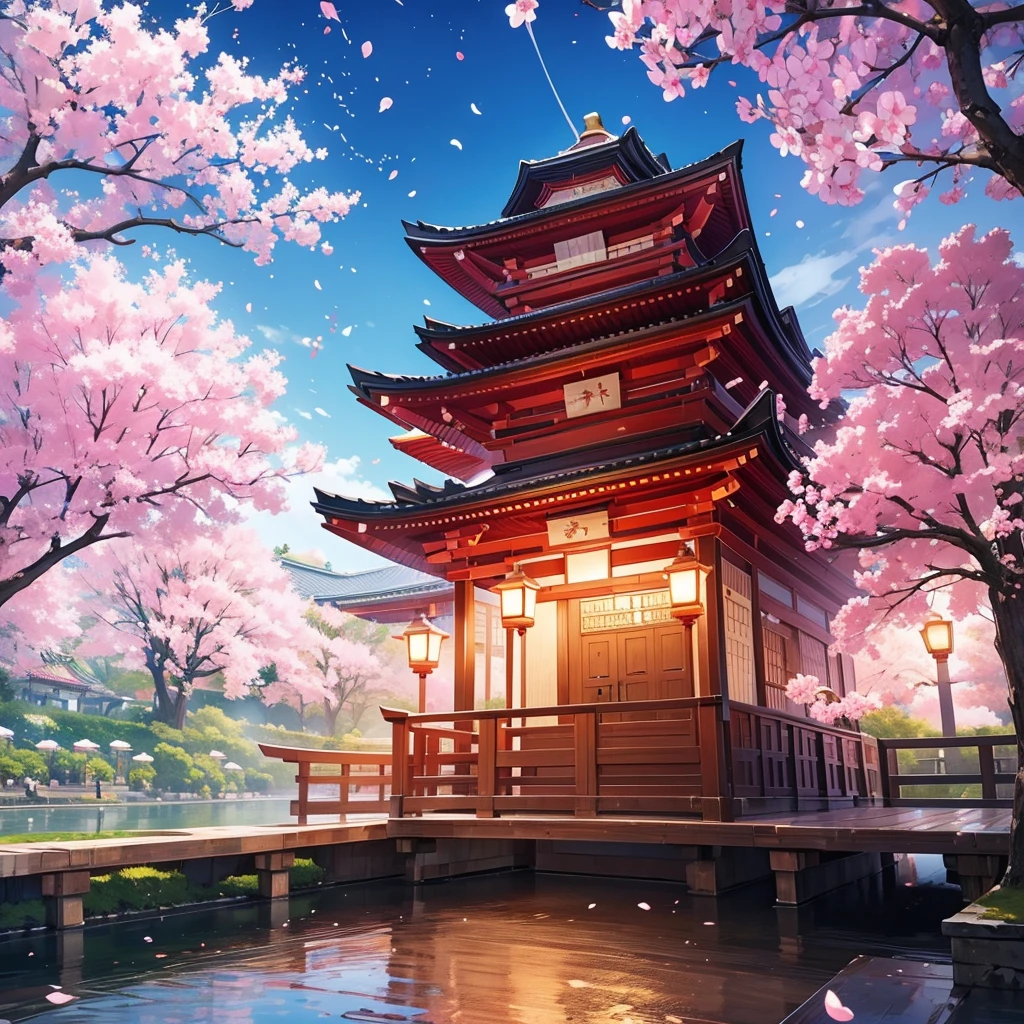 lanterns flying in the sky, cherry blossom trees, shrines