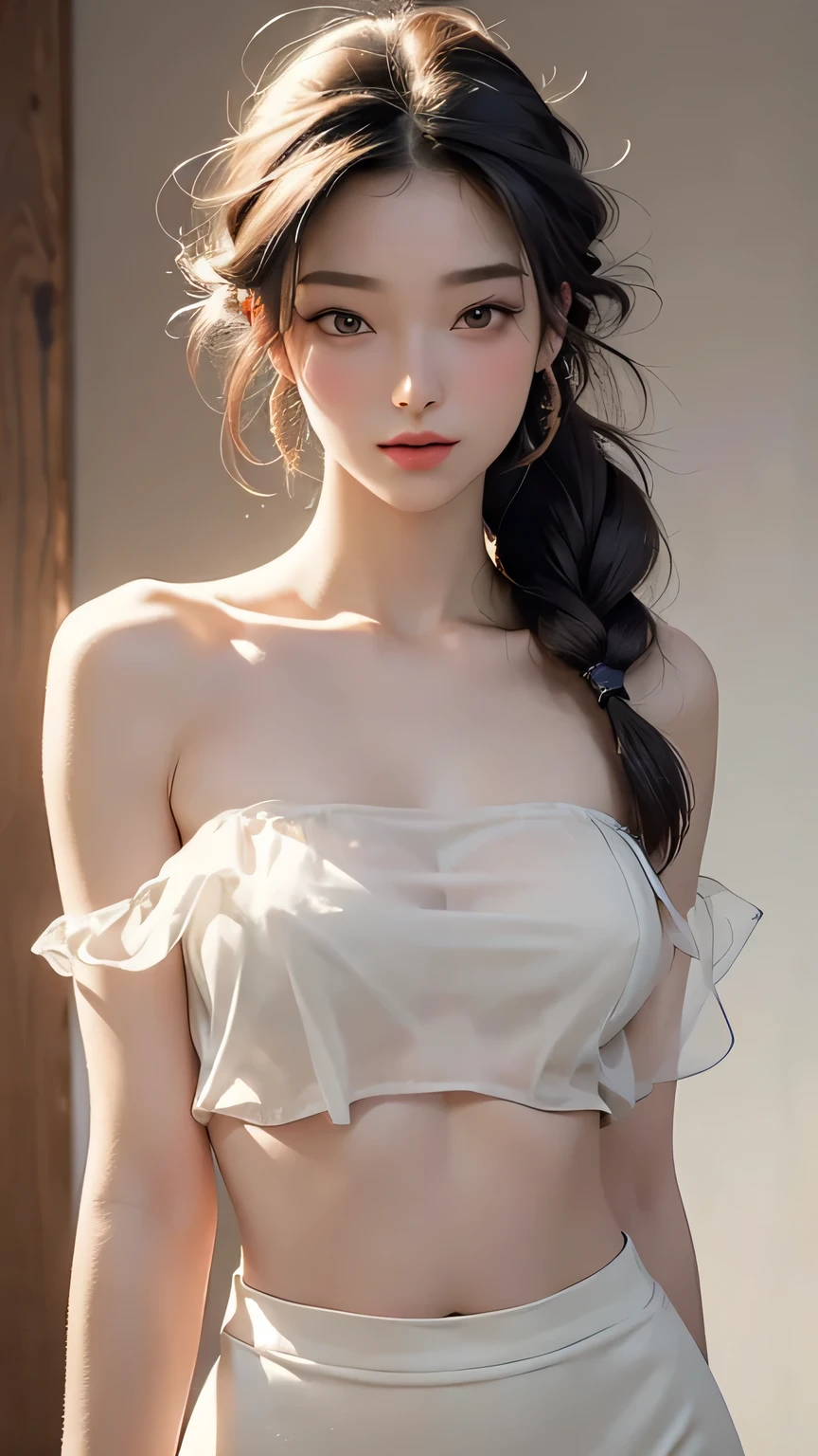 Highest quality, shape, Very detailed, In detail, High resolution, 8k wallpaper, Perfect dynamic composition, Beautiful details, (Strapless Cropped sheer TUBE TOP), (sheer Pencil Skirt),Random Hairstyles, Perfect Anatomy,Center of chest, Natural color lip, Random sexy poses,Woman with perfect body,devil, (Large Breasts:1.2), (Venus' Nipples:1.2)
