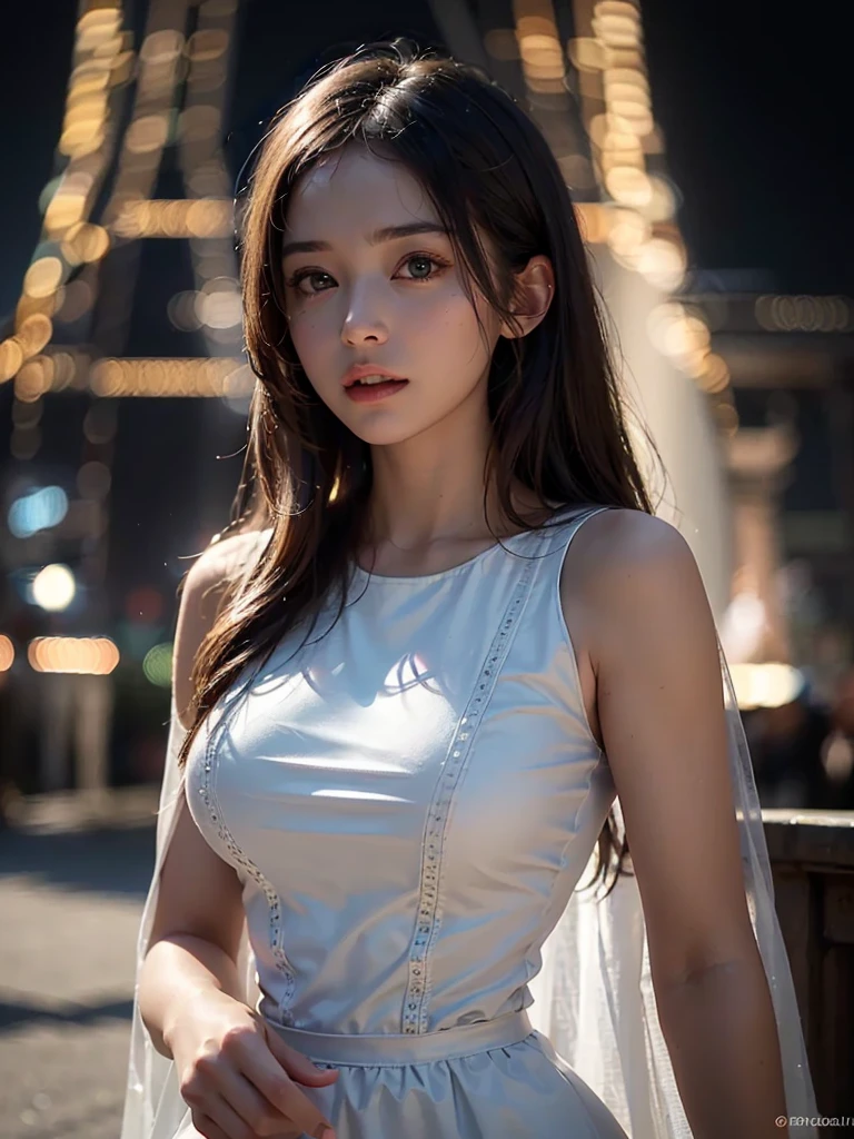 (8K, raw, professional, best quality, masterpiece:1.2), (realistic, photorealistic:1.4), (Anamorphic lenses), (lens flare), (long exposure), (the most detailed skin:1.2), (most detailed face:1.2), cinematic lighting, 1 woman, standing at the eiffel tower, wearing a flat white dress, night time, warm white light, (frightened), look at the camera