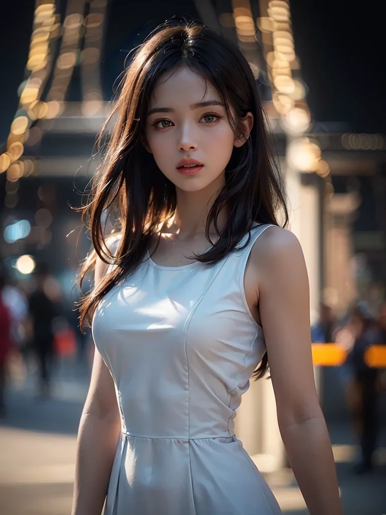 (8K, raw, professional, best quality, masterpiece:1.2), (realistic, photorealistic:1.4), (Anamorphic lenses), (lens flare), (long exposure), (the most detailed skin:1.2), (most detailed face:1.2), cinematic lighting, 1 woman, standing at the eiffel tower, wearing a flat white dress, night time, warm white light, (frightened), look at the camera