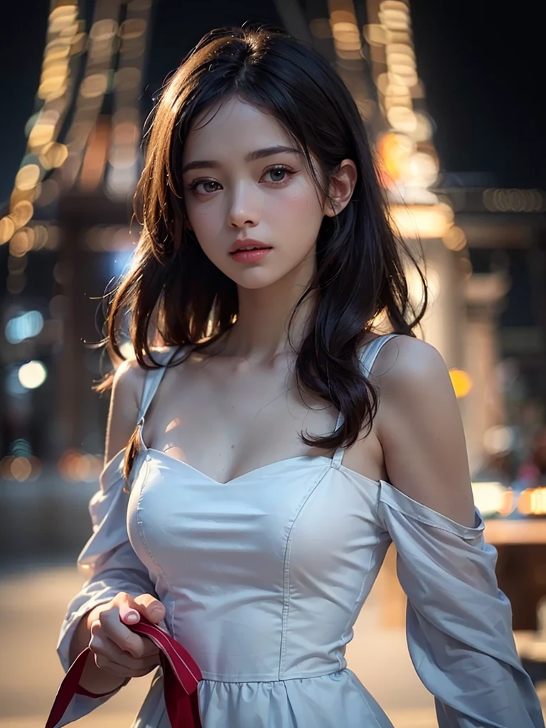 (8K, raw, professional, best quality, masterpiece:1.2), (realistic, photorealistic:1.4), (Anamorphic lenses), (lens flare), (long exposure), (the most detailed skin:1.2), (most detailed face:1.2), cinematic lighting, 1 woman, standing at the eiffel tower, wearing a flat white dress, night time, warm white light, (frightened), look at the camera