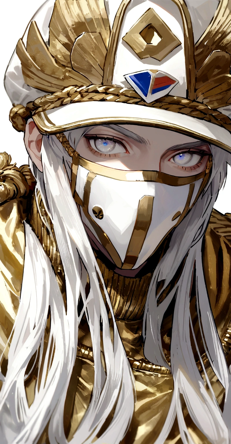 アニメ, masculine, best qualityer, Lean, work of art,White hair, White colored eyes,white and gold adidas clothing and white face mask, white and gold captain&#39;Hat