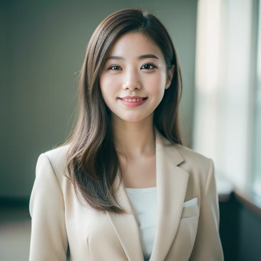 Highest quality, masterpiece, (Photorealistic:1.4), Ultra-detailed, RAW Photos, One Girl, solo, Laughter, Wearing a suit, Portrait, whole body, The whole body is shown,Meeting room background, Natural soft light, Bokeh Depth of Field,The window overlooks the park