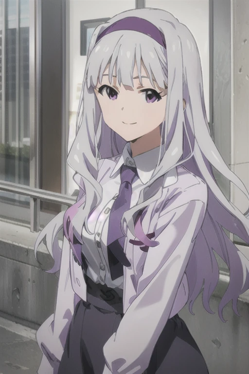 (((pixel-perfect, detail-perfect))), solo, 1girl, takane shijou, purple hairband, shirt, tie purple, looking at viewer, jacket purple, shirt white, smile