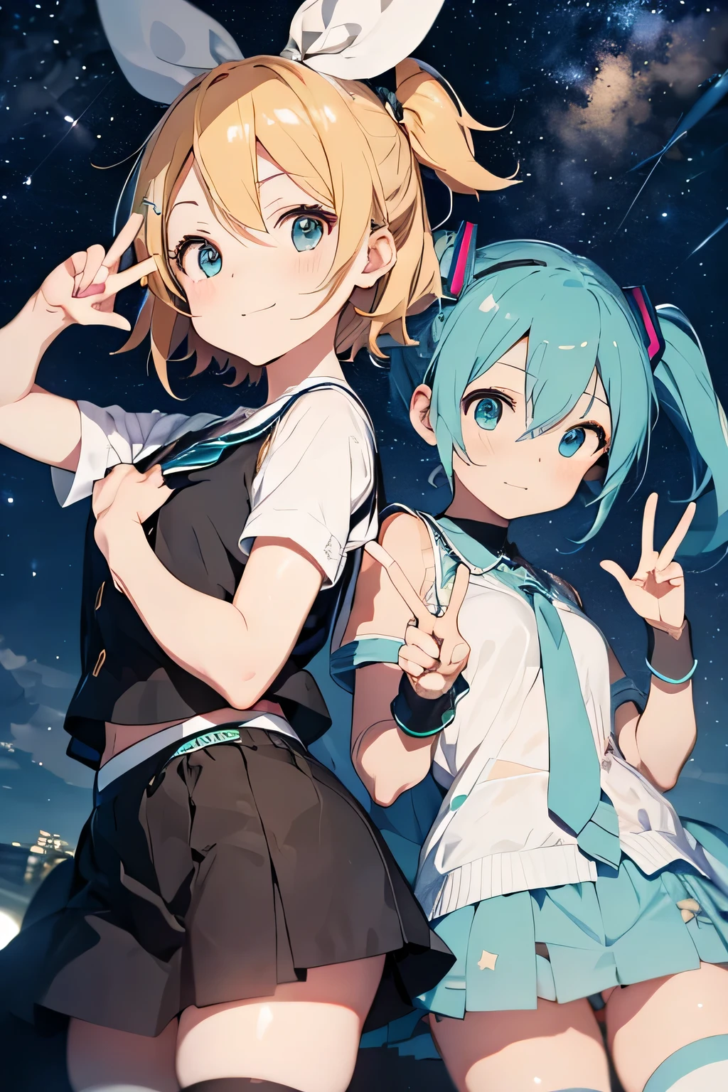 Under the starry sky, Kagamine Rin and Hatsune Miku are making peace signs with both hands