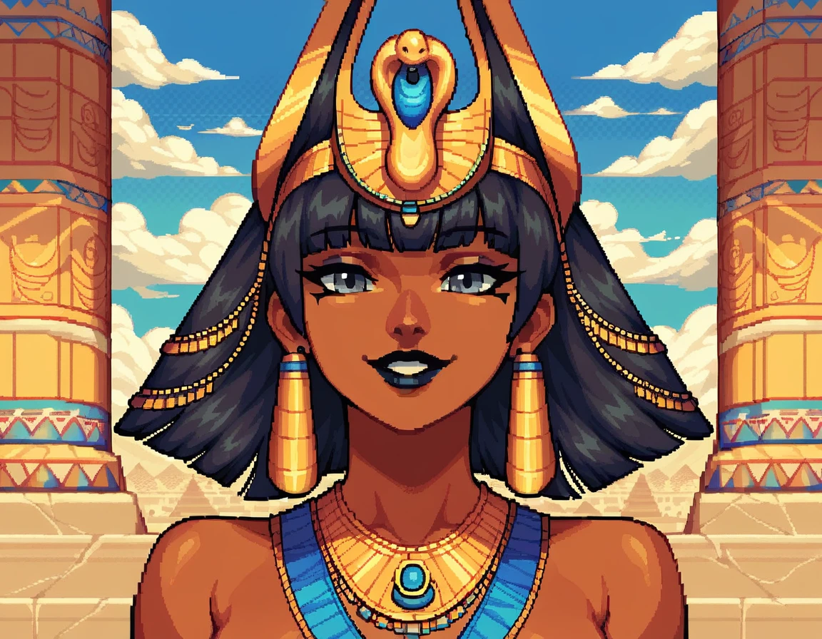 score_9, score_8_up, score_7_up, pixel art, 1girl, pyramid background, Acnient Egyptian, brown skin, traditional Ancient egyptian clothes , sunny, lovely, gentle smile, grey eyes, black lips, black eyes,