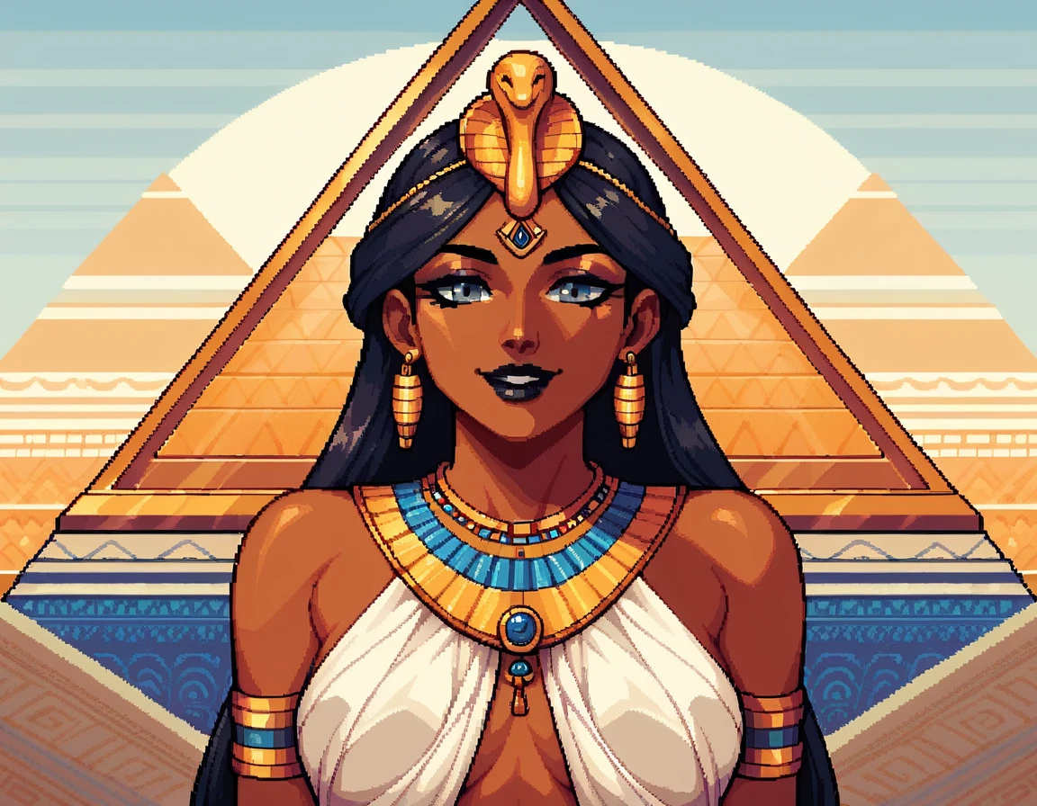 score_9, score_8_up, score_7_up, pixel art, 1girl, pyramid background, Acnient Egyptian, brown skin, traditional Ancient egyptian clothes , sunny, lovely, gentle smile, grey eyes, black lips, black eyes, 