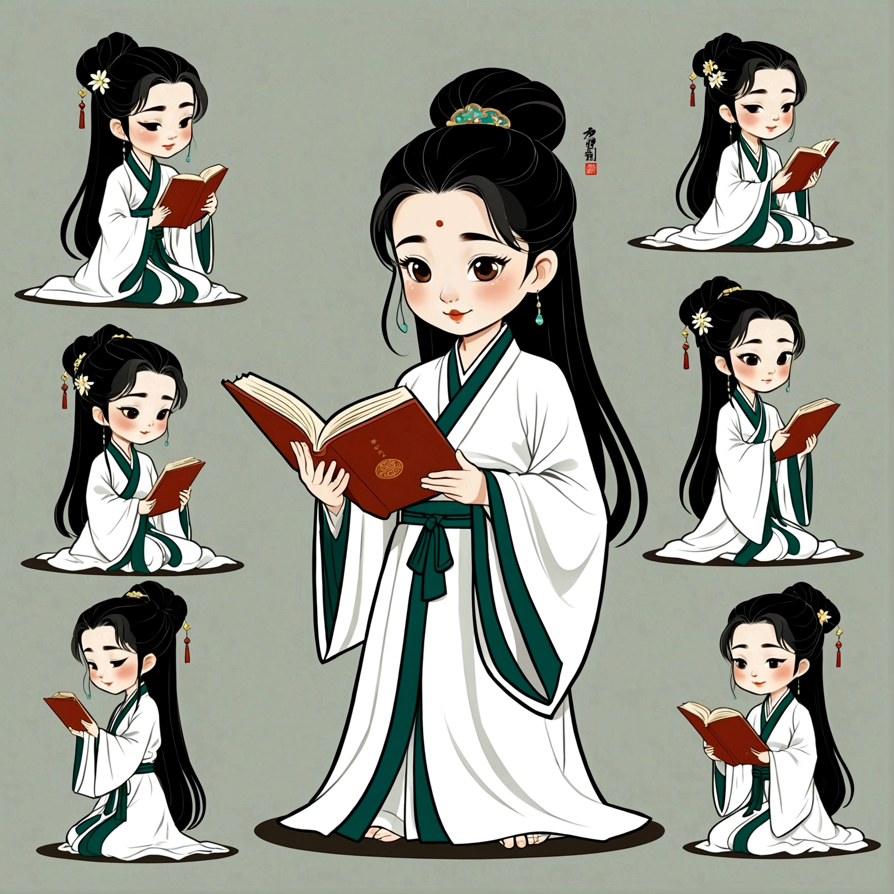 Q version,Little girl in a white robe reading a book,Traditional Chinese Hanfu,Animated character design,Chinese painting style,light grey,cute,Subtle charm,Facial Expressions,9 emoticons,Expression table,Various poses and expressions,9 grids,Black lines outlined,Different emotions,Various poses and expressions,Wearing Hanfu