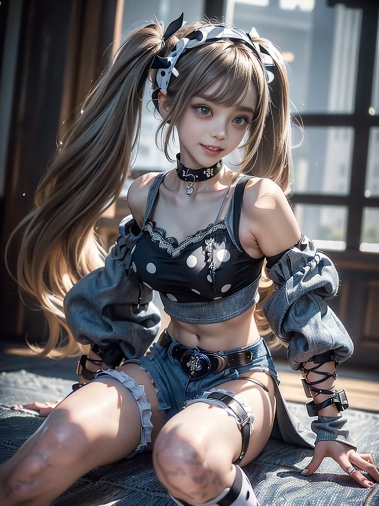(Full Body View:1.3)、(crawling position:1.3)、(on all fours:1.3)、(Beautiful lips and nose:1.4)、(Side view:1.1)、(Smiling with teeth showing:1.3),(Fashion Model:1.5)、(Gothic ta delicately decorated battle uniform:1.5)、(White off-shoulder hoodie:1.5)、(Black, silver and white shorts:1.4)、(denim garter belt:1.5)、(Black and denim knee socks:1.3)、(Skull Silver Accessories:1.5)、(Lace collar:1.3)、(Brown Skin Belt:1.4)、(Brown boots:1.2)、(Underwear has polka dots:1.4)、23 years old、((Highest quality、In 8K、masterpiece:1.3))、Sharp focus:1.2、(Layered Cut、Huge boobs:1.1),Beautiful woman with perfect figure:1.4、(Dancing vigorously:1.3)、Slender Abs:1.2、Highly detailed face and skin texture、Detailed eyes、double eyelid,(Twin tails:1.3)、(Brown-golden hair:1.3)、Gravure idol、(The background is a luxurious dance hall.:1.3)、(Slim body:1.2),(Make your legs thinner:1.4),(clavicle:1.1)