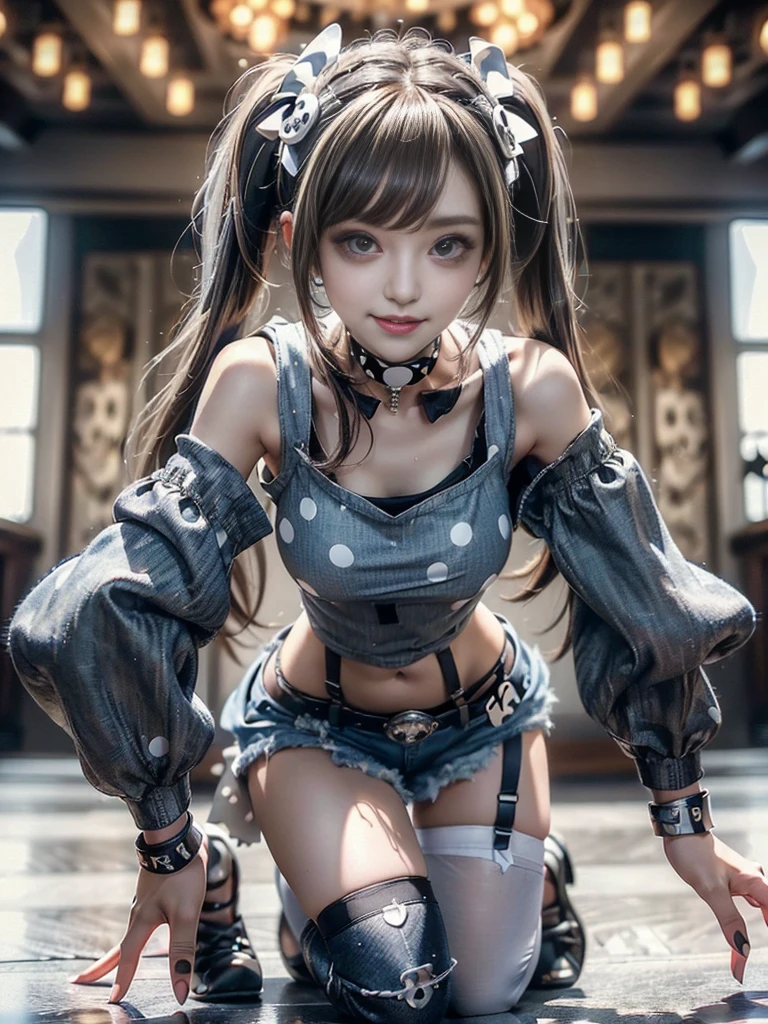 (Full Body View:1.3)、(crawling position:1.3)、(on all fours:1.3)、(Beautiful lips and nose:1.4)、(Side view:1.1)、(Smiling with teeth showing:1.3),(Fashion Model:1.5)、(Gothic Lolita delicately decorated battle uniform:1.5)、(White off-shoulder hoodie:1.5)、(Black, silver and white shorts:1.4)、(denim garter belt:1.5)、(Black and denim knee socks:1.3)、(Skull Silver Accessories:1.5)、(Lace collar:1.3)、(Brown Skin Belt:1.4)、(Brown boots:1.2)、(Underwear has polka dots:1.4)、23 years old、((Highest quality、In 8K、masterpiece:1.3))、Sharp focus:1.2、(Layered Cut、Huge boobs:1.1),Beautiful woman with perfect figure:1.4、(Dancing vigorously:1.3)、Slender Abs:1.2、Highly detailed face and skin texture、Detailed eyes、double eyelid,(Twin tails:1.3)、(Brown-golden hair:1.3)、Gravure idol、(The background is a luxurious dance hall.:1.3)、(Slim body:1.2),(Make your legs thinner:1.4),(clavicle:1.1)