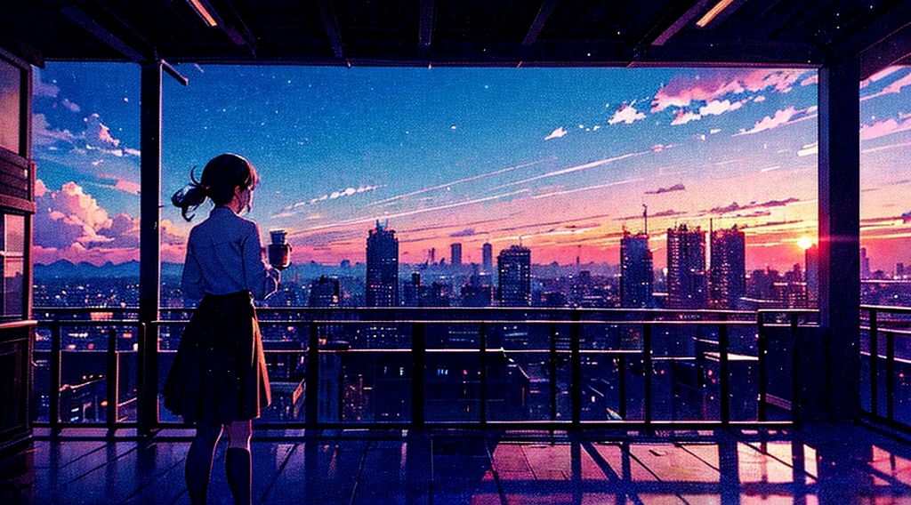 a girl standing on a balcony with a cup of coffee, cgsociety 9, chillhop, alena aenami and artgerm, makoto shinkai and artgerm, lofi girl aesthetic, anime scenery, makoto shinkai and (cain kuga), lofi aesthetic, anime landscape, anime nature, roof background, anime wallaper