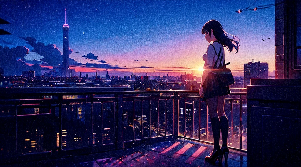 a girl standing on a balcony with a cup of coffee, cgsociety 9, chillhop, alena aenami and artgerm, makoto shinkai and artgerm, lofi girl aesthetic, anime scenery, makoto shinkai and (cain kuga), lofi aesthetic, anime landscape, anime nature, roof background, anime wallaper