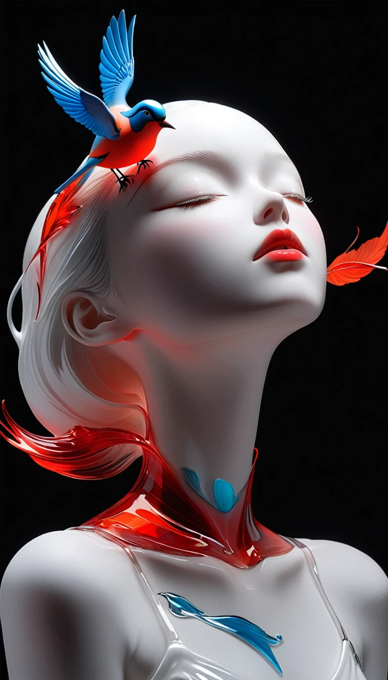 The Art of Blank Space，Sense of space，1 colored glass transparent 3D portrait sculpture and a bird，Close your eyes，面部Luminescence线路，simple，Minimalism，beautiful girl，Black and red，，black background，Luminescence