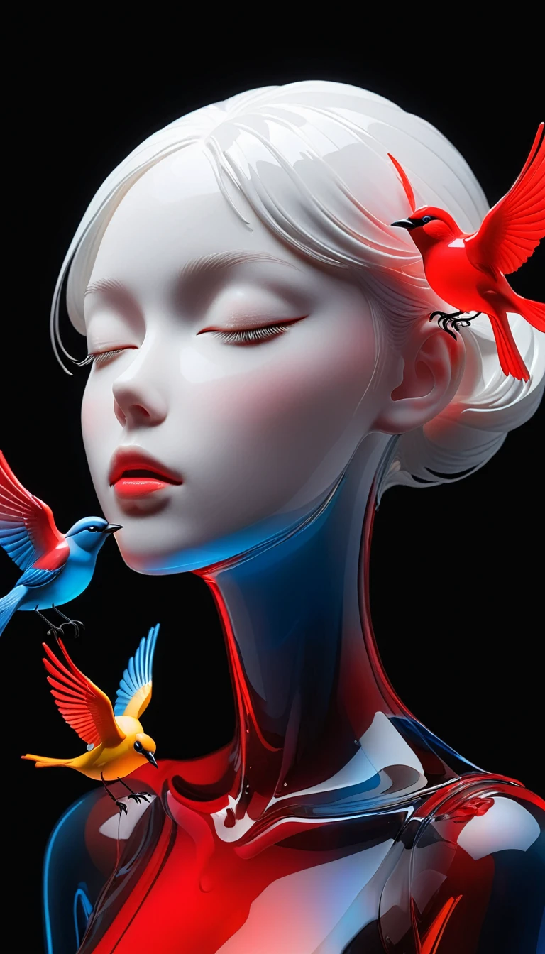 The Art of Blank Space，Sense of space，1 colored glass transparent 3D portrait sculpture and a bird，Close your eyes，面部Luminescence线路，simple，Minimalism，beautiful girl，Black and red，，black background，Luminescence