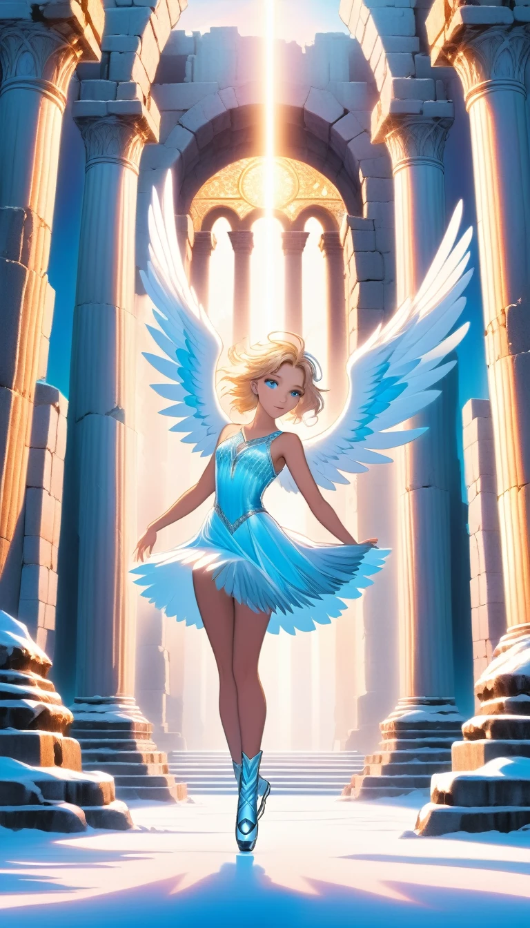 ((Full Shot)) Angelic beauty, fantastic and mysterious light. Dancing on ice, the background is the ruins of tens of thousands of years ago,
