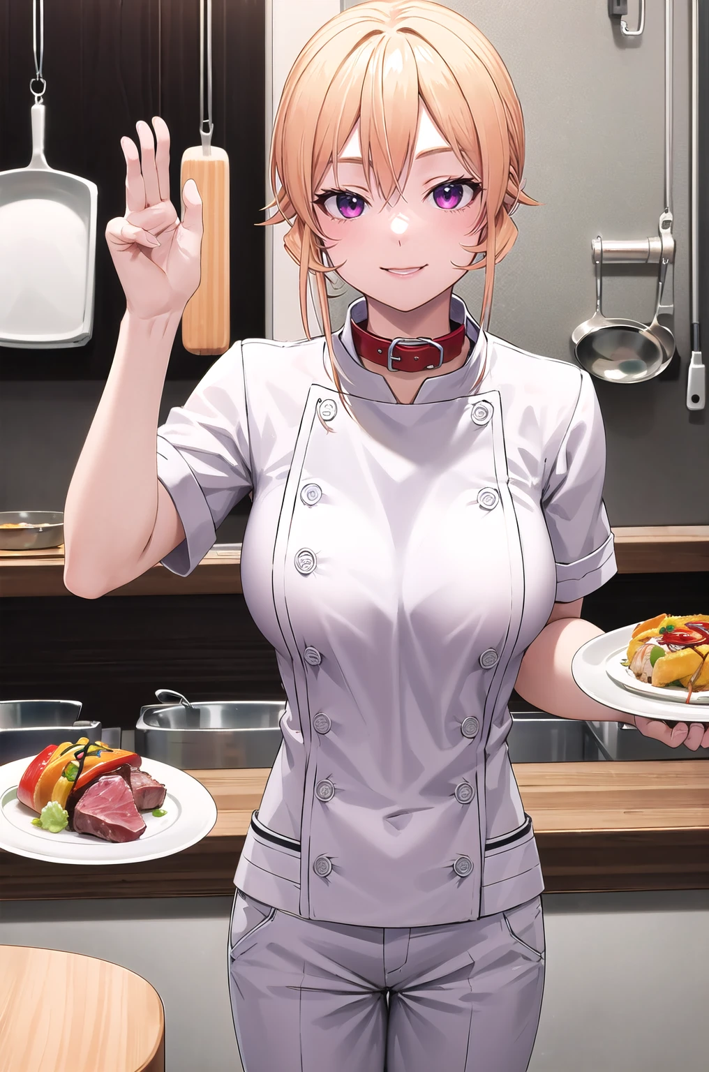 Nakiri erina, masterpiece, best quality, highres, aaerina, ponytail, long hair, white pants, chef, buttons, standing, plate, food, meat, smile, kitchen, table, Naughty tattoo on the belly, Wearing a dog collar