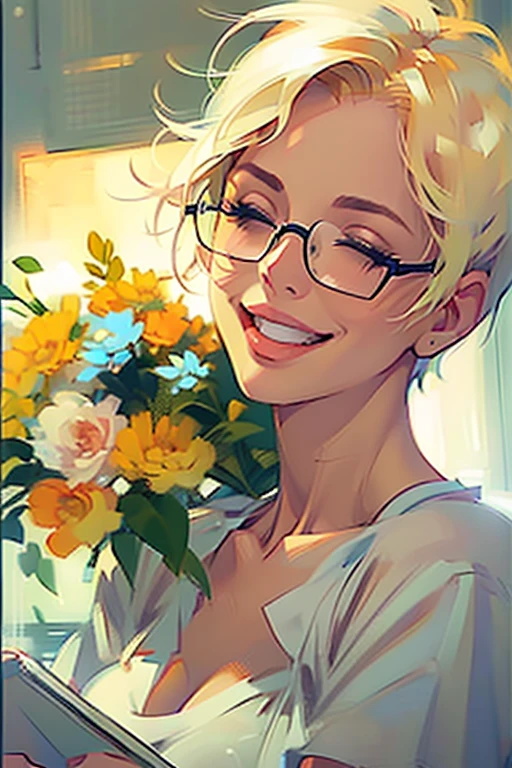 (Close-up of woman's face:1.4). Getting ((aroused:1.1)), ((closed eyes, moan:1.2)). Athletic blonde woman, (short hair), tomboy, cute, ((smile)), Reading glasses, t-shirt, panties, very light makeup. ((Masterpiece, best quality)),edgQuality, edgOrgasm,face focus.