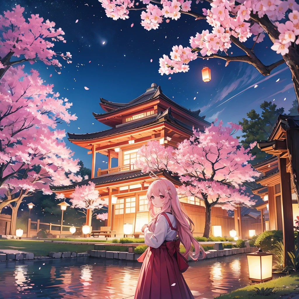 lanterns flying in the sky, cherry blossom trees