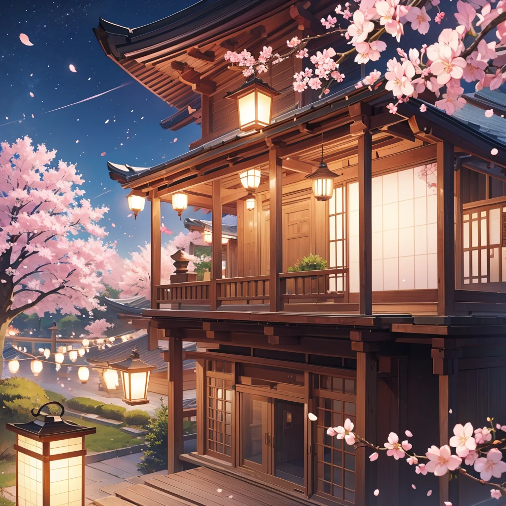 lanterns flying in the sky, cherry blossom trees